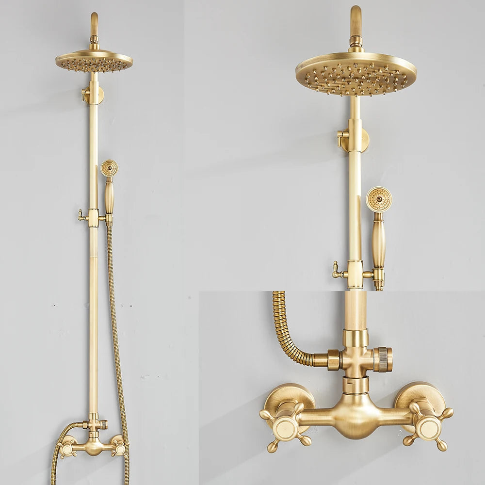 Quyanre Antique Brass Shower Faucets Set Wall Mount Dual Knobs