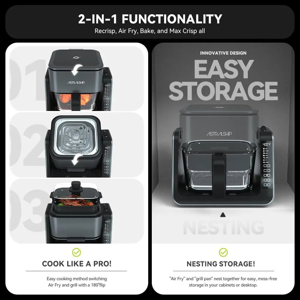 2-in-1 Glass Air Fryer & Grill, 4.2+1.3 QT, 7 Presets, Non-Toxic Glass Bowl, Healthy Low-Oil Cooking, Easy Clean