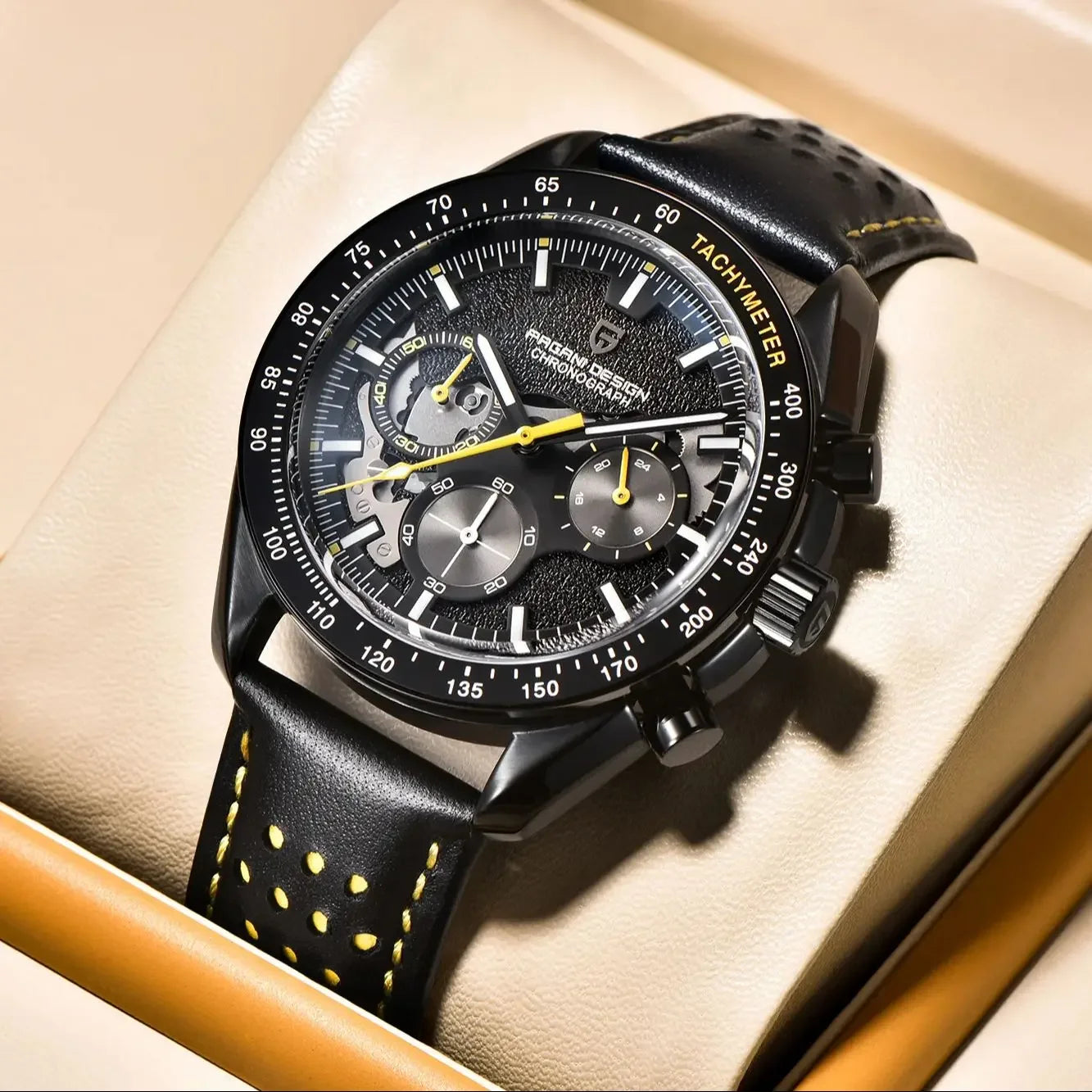 PAGANI DESIGN Moon Dark Mens Skeleton Chronograph Watch