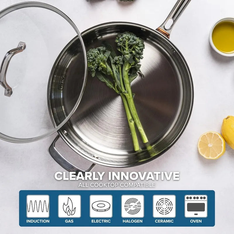 3-Ply Pots and Pans Set, 10 Piece Copper Kitchen Cookware with Glass Lids, Hammered Copper