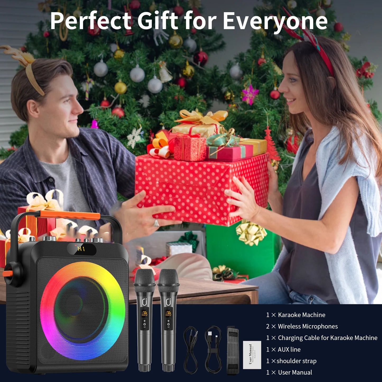 2 Wireless Microphones T19-T Karaoke Machine | Black Karaoke Speaker With Treble/Bass Adjustment, Wireless Speaker PA System