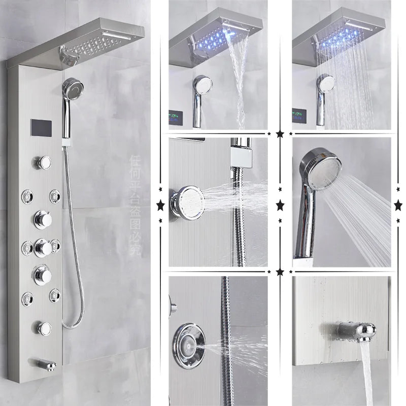 Uythner HighIntensityLED Shower Panel System With Rainfall Massage Temperature Display