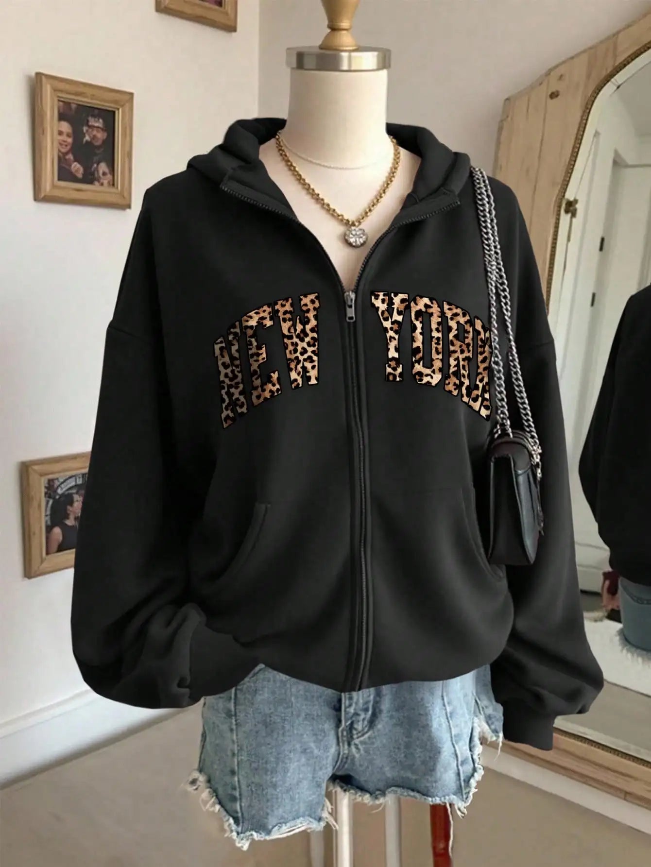 Women's Burgundy New York Letter Print Zip-Up Hoodie, Loose Fit Casual Sweatshirt