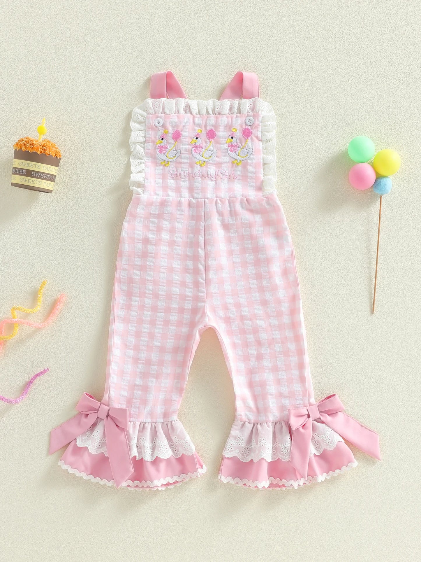 Girls Jumpsuit With IntricatelyDetailed Checkered Embroidered Goose Motif Everyday Wear