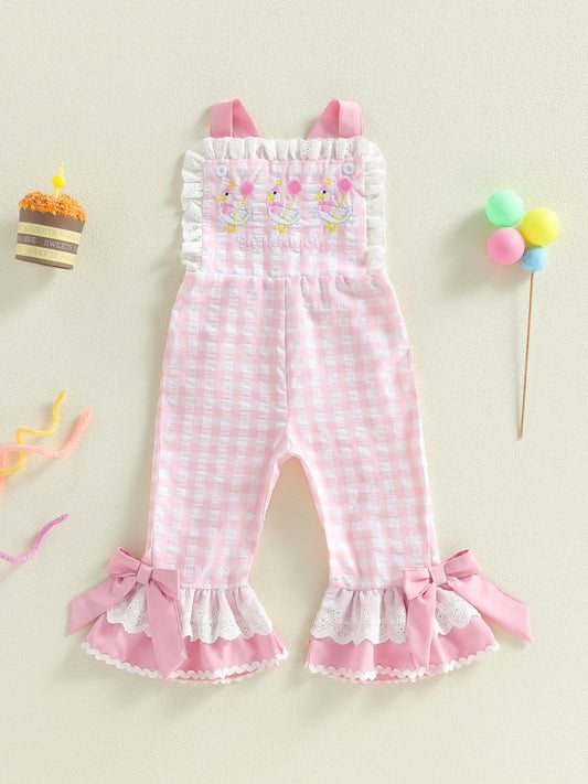 Girls Jumpsuit With IntricatelyDetailed Checkered Embroidered Goose Motif Everyday Wear