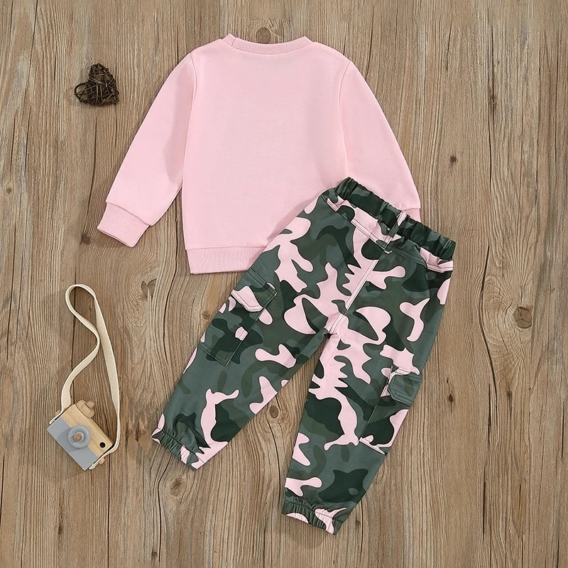 Pudcoco Girls TwoPiece AutumnOutfit LongSleeve ONeck CamouflagePants LetterPrint EverydayWear