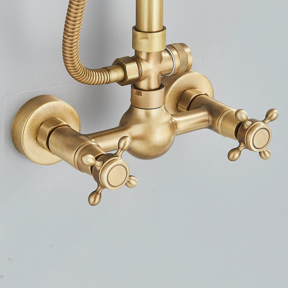 Quyanre Antique Brass Shower Faucets Set Wall Mount Dual Knobs