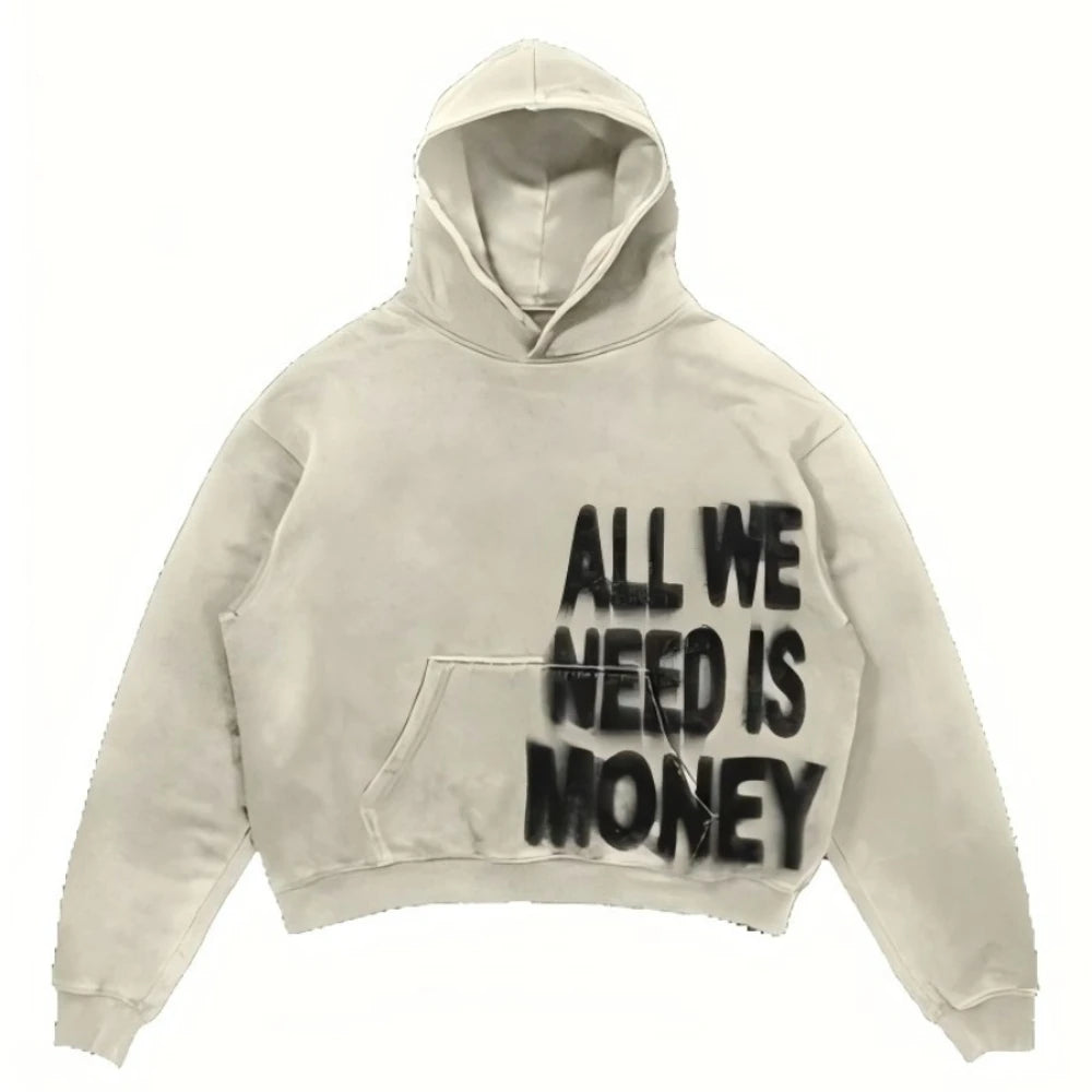 Women Pink Hoodies All We Need Is Money Letter Print Y2K Loose Hip Hop Street Hooded Sweatshirt Unisex