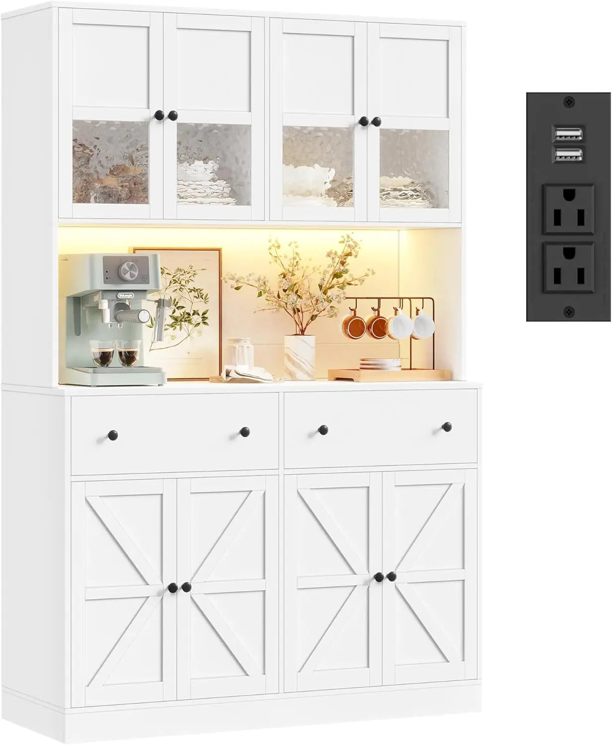 Farmhouse Pantry With LED Lighting Charging Station And Microwave Mount