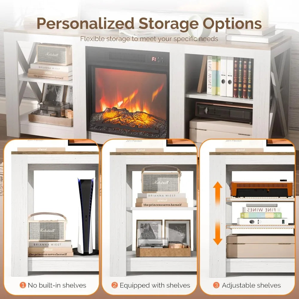 Farmhouse Fireplace Television Cabinetry With Electric Fireplace And Adjustable Shelves