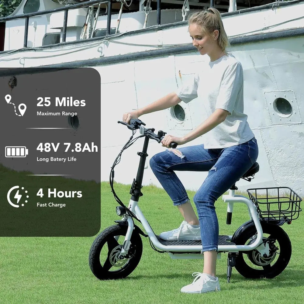 Adult Foldable Electric Scooter with Seat, 30-Mile Range, 20 MPH, 500-1200W Motors, 14 Fat Tires, Pet & Cargo Basket, Customized