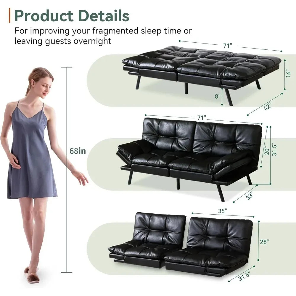 71" L Covertible Futon Sofa Bed,Faux Leather Futon Couch, Memory Foam Modern Loveseat Sleeper, Small Splitback Sofa C Customized