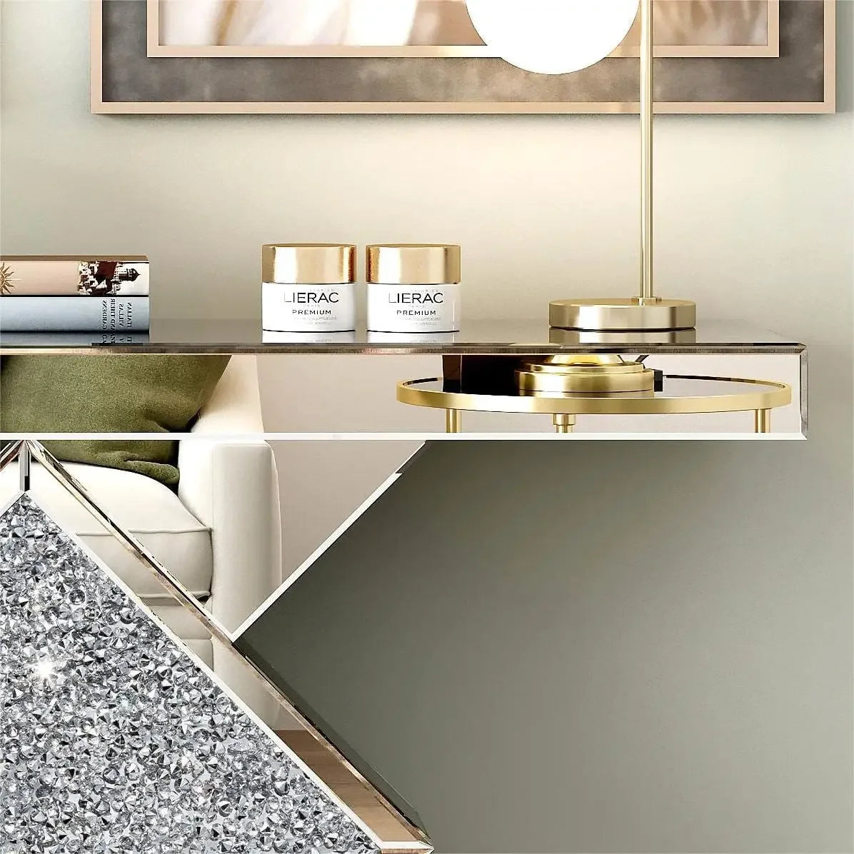 SHYFOY CrystalAccented Mirrored Console Table Diamond Shaped Narrow Sofa LuxuriouslyCrafted