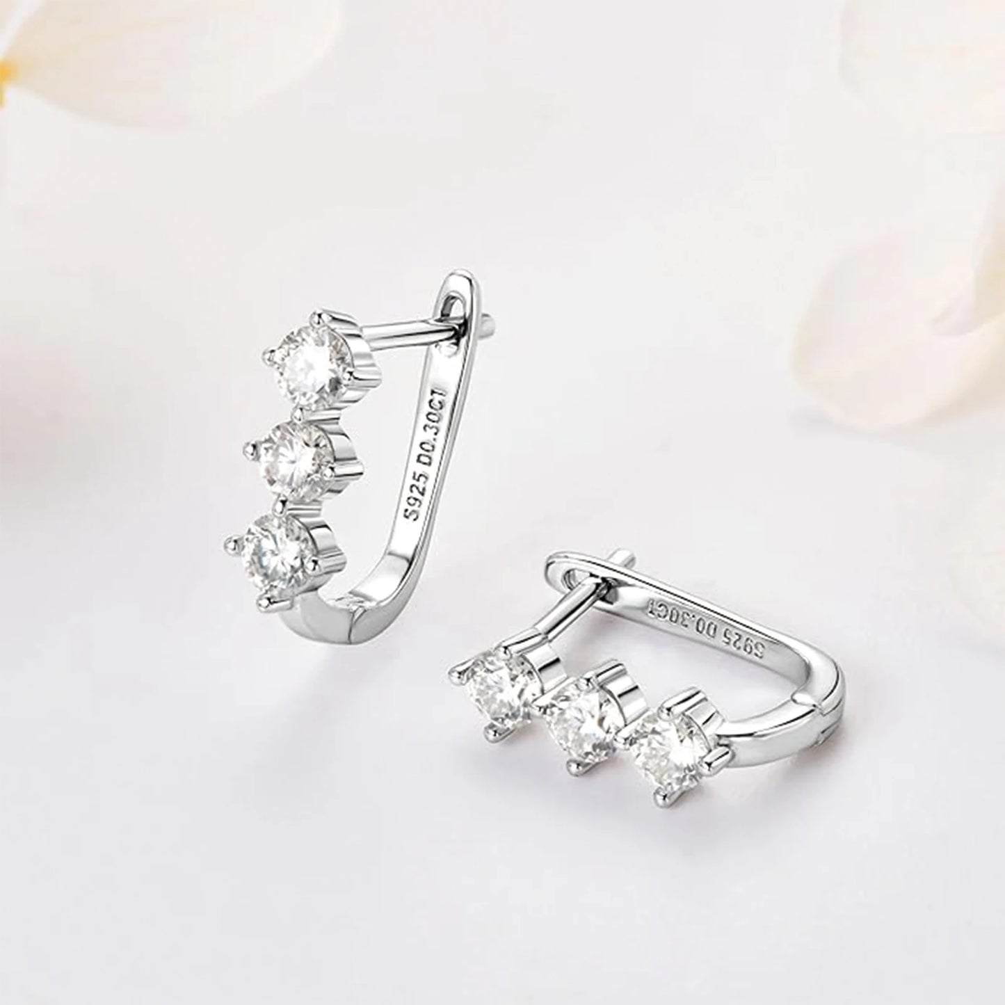 Sterling Silver Moissanite Hoop Earrings With Triple Stones