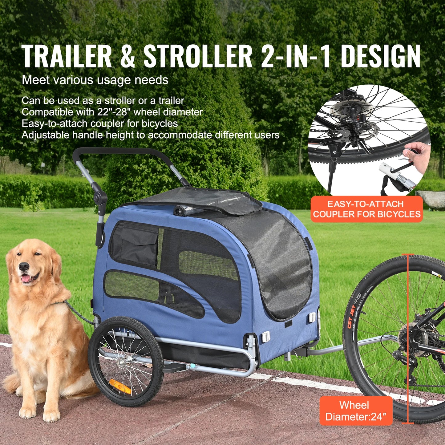 Dog Bike Trailer 2 In 1 Deluxe Pet Travel Stroller