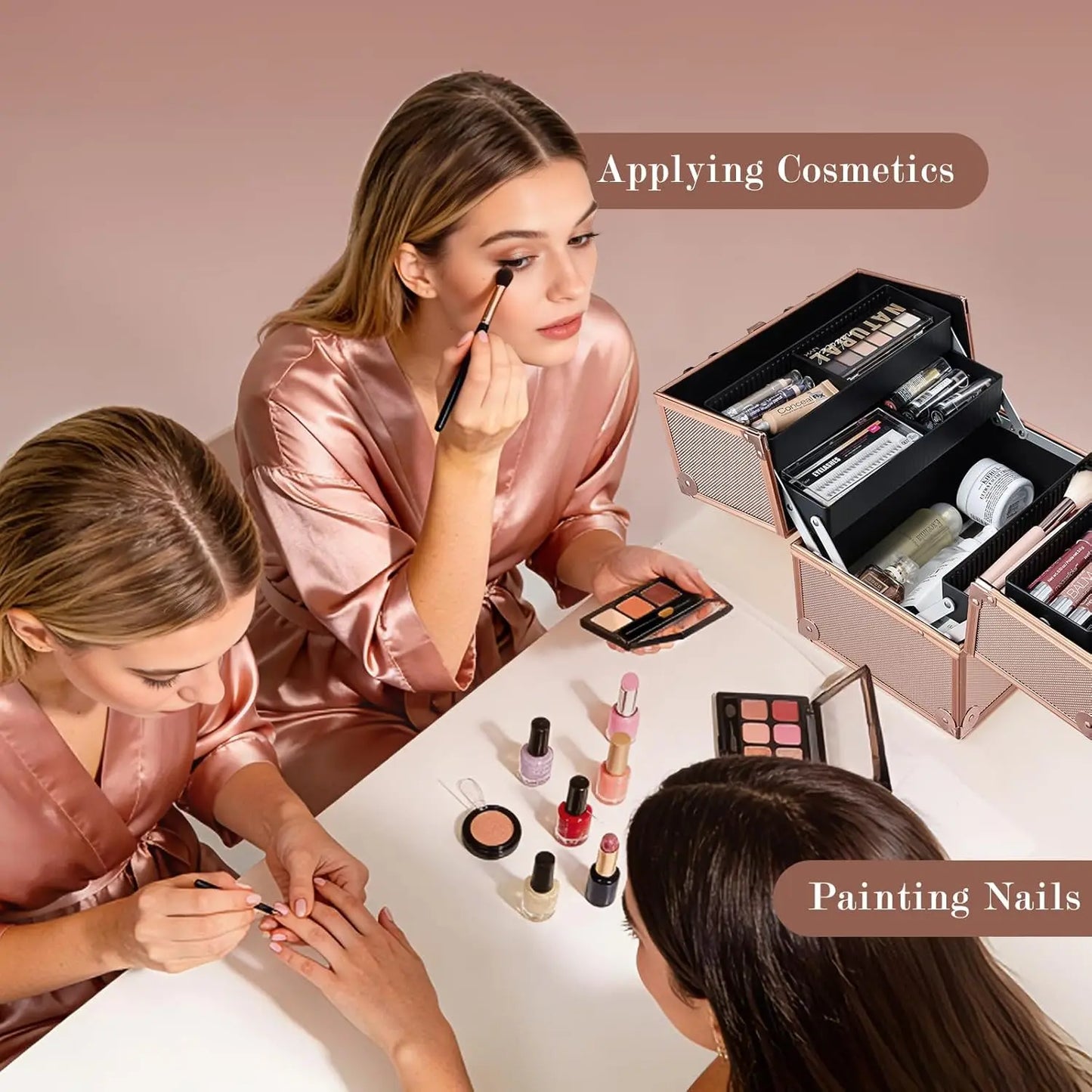 Portable Makeup Train Case with Dividers & Lock, Rose Gold Travel Cosmetic Organizer for Artists, Nail, Sewing Storage