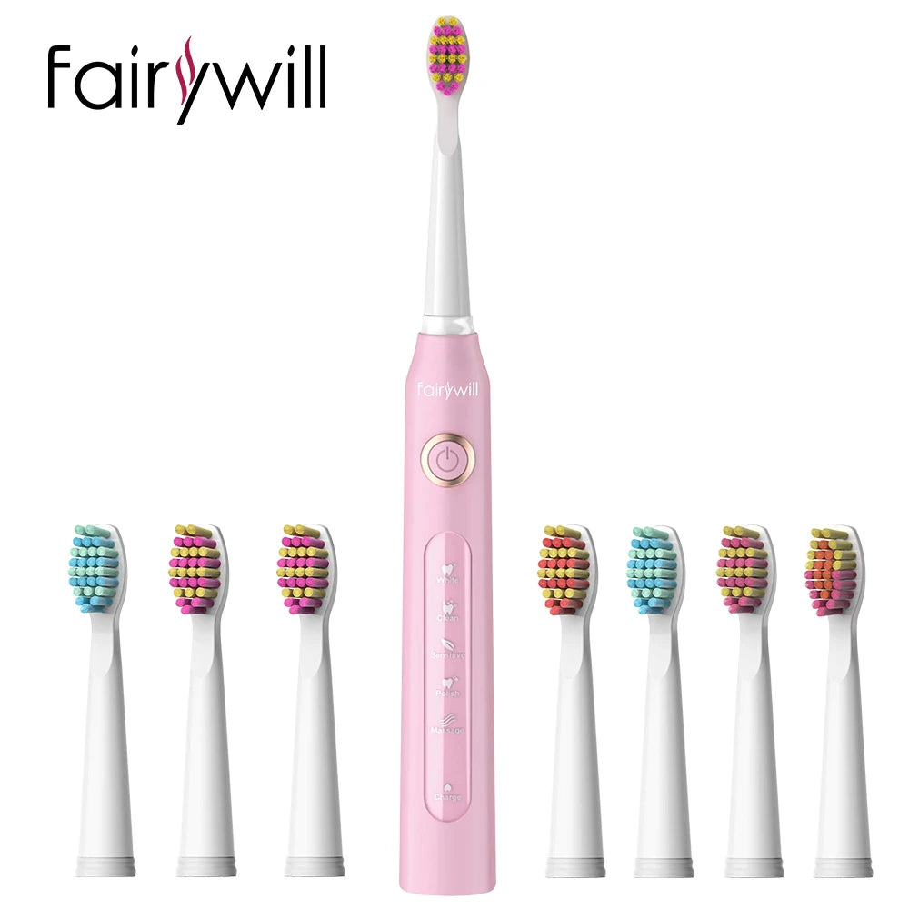 Fairywill FW-507 Electric Sonic Toothbrush Replacement Heads USB Charge Waterproof