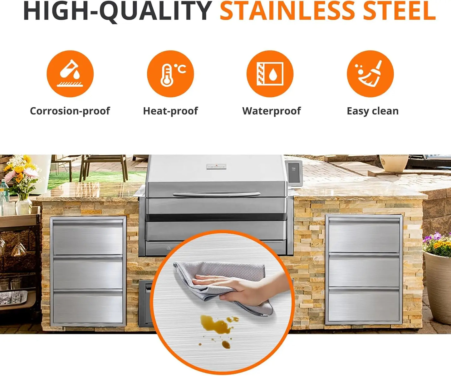 Studyset Stainless Steel Outdoor Kitchen Drawers With Paper Towel Holder 3 Layer Flush Mount