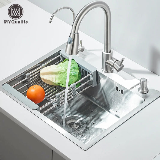 Stainless Steel Kitchen Sink with Faucet Drinking Water Tap/Soap Dispenser 55x45cm Sink Kit with Drain Set/ Basket