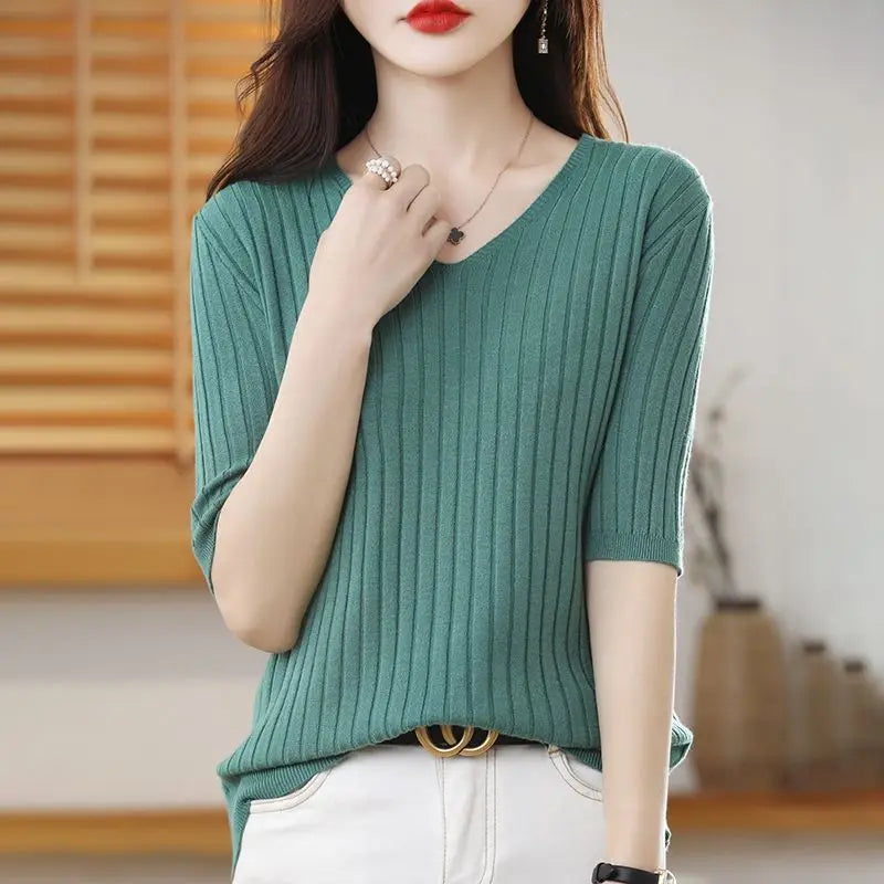 Women's Cashmere Knit V Neck Short Sleeve Pullover Sweater