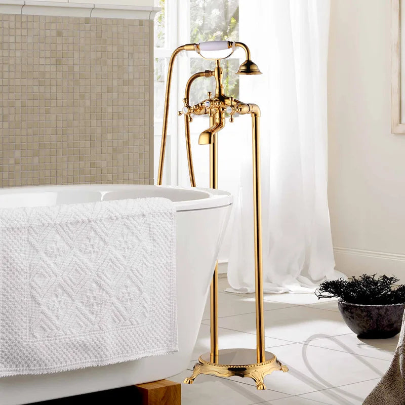 ALENARTWATER Brass Antique Bathroom Faucet Set With 360 Rotation Floor Stand Telephone Hand Shower