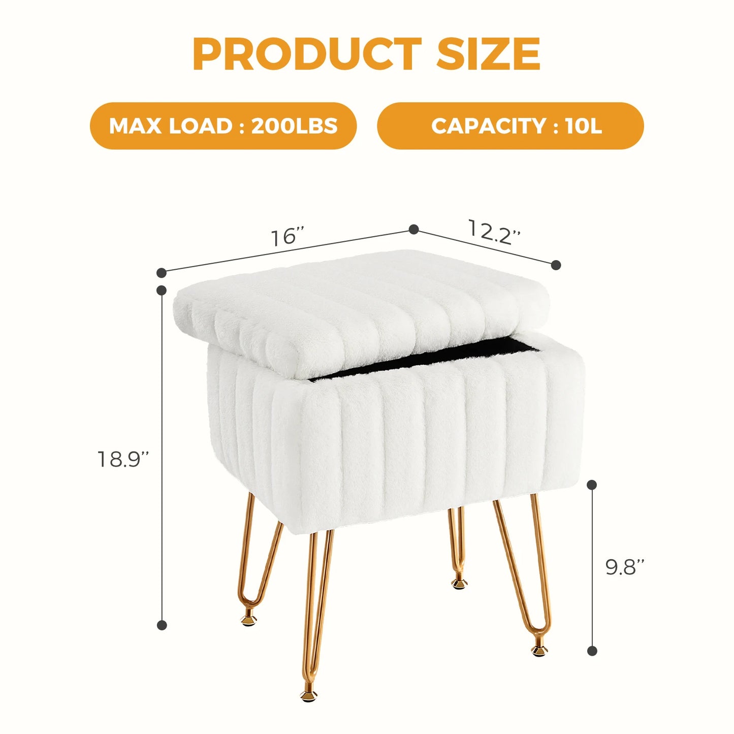 JHK Faux Fur Hidden Storage Stool Ottoman With 4 Metal Legs And Anti Slip Feet Padded For Home Use