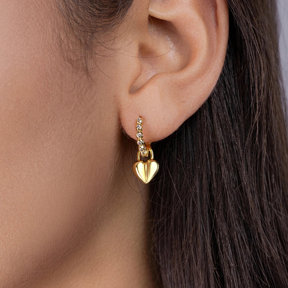 JIUZUAN 18K Gold Plated Heart Drop Earrings, 925 Silver with Moissanite, Beaded Hoop Design - Romantic Gift Jewelry for Women