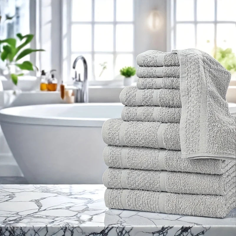 Cotton Polyester Bath Towel Set 10 Pieces Quick Dry Absorbent Towels Washcloths Essentials