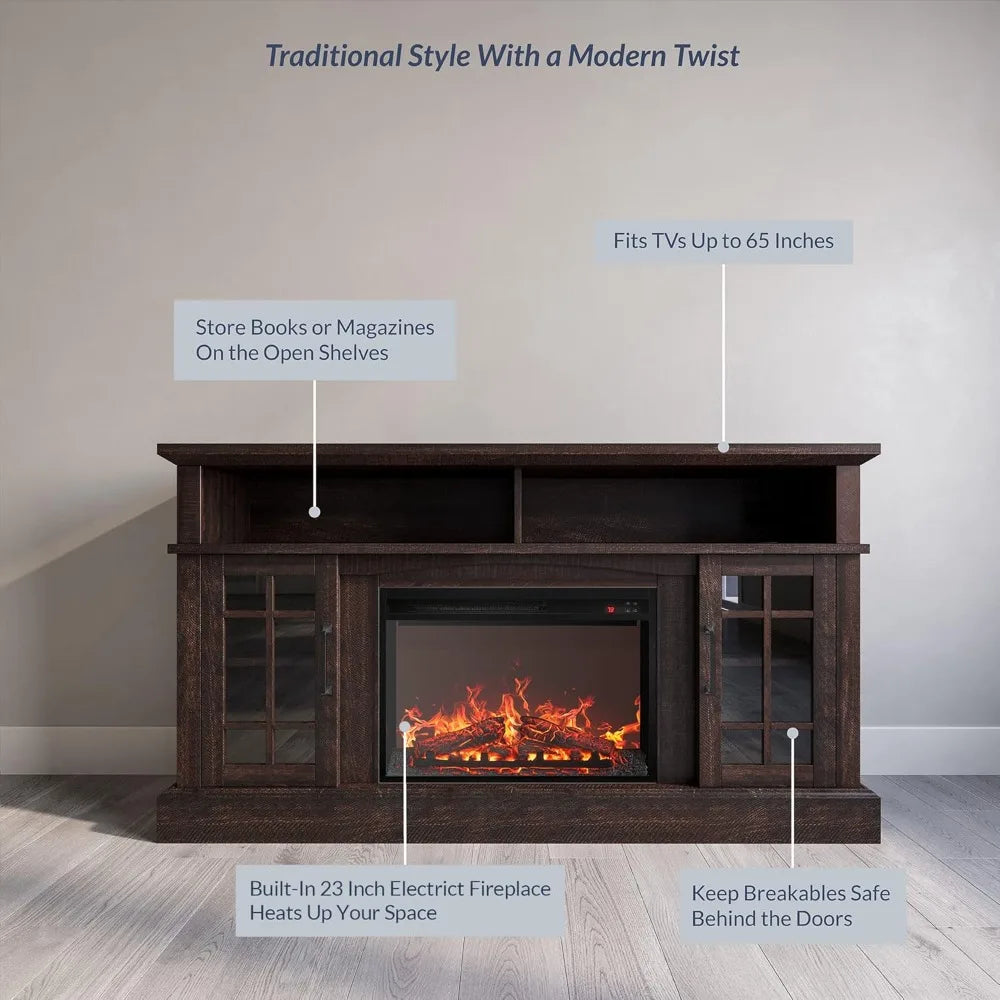 Traditional Rustic TV Stand With Electric Fireplace Heater And Sound