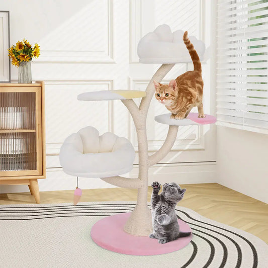 Multi-Layer Cat Tree Cute Cat Tower w/ 2 Cat Perches & 2 Platforms