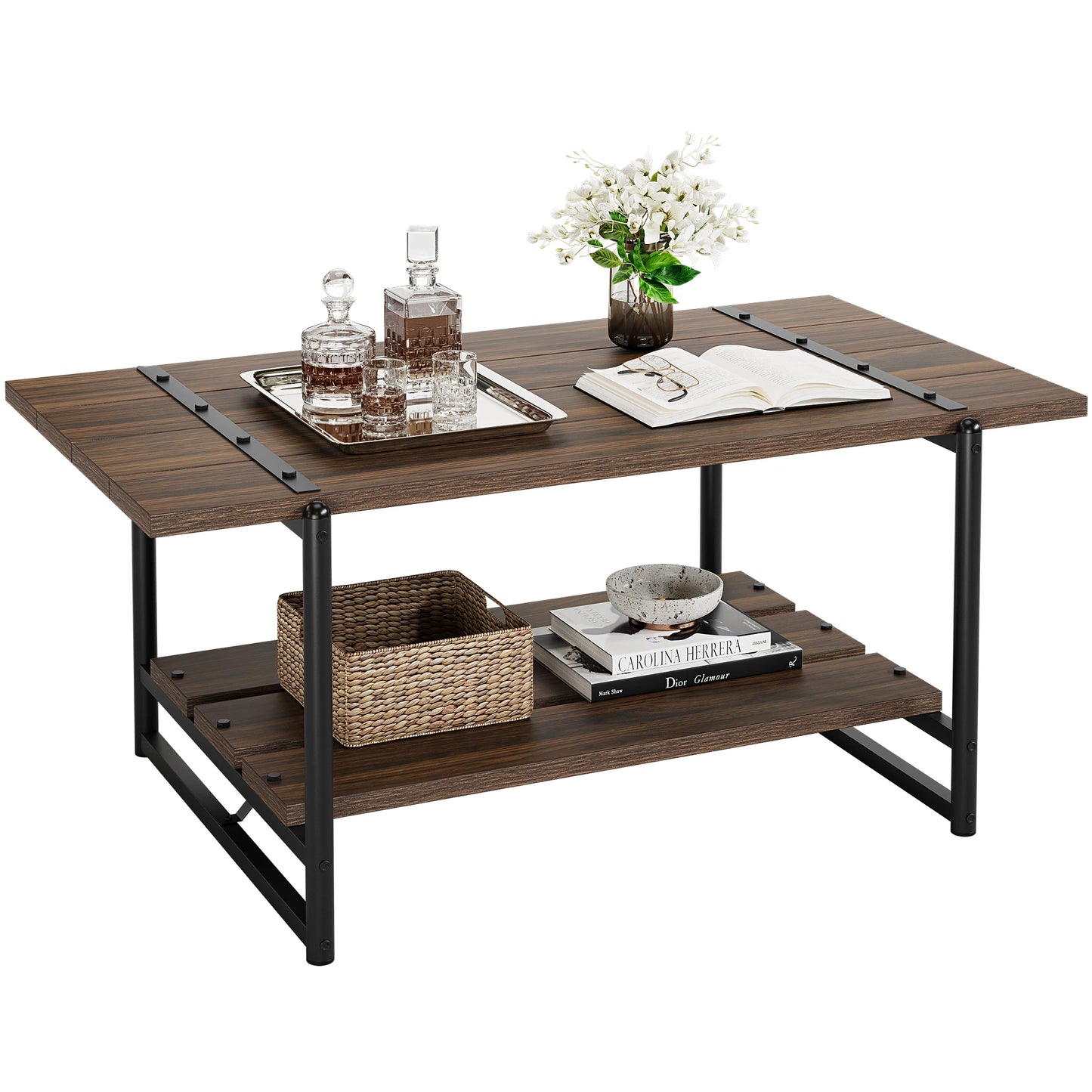 HobbyLane 2-Tier RusticCharm Wood Coffee Table With FarmhouseStorage Shelf UnitPro