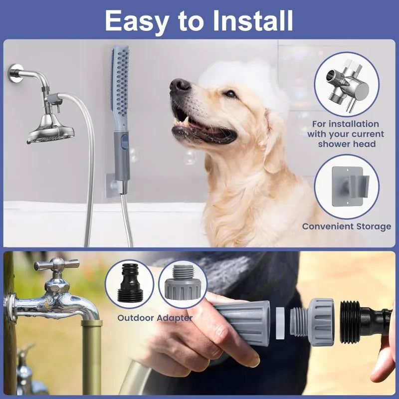 Dog Shower Attachment With Metal Diverter For Easy Bathing Three Spray Modes