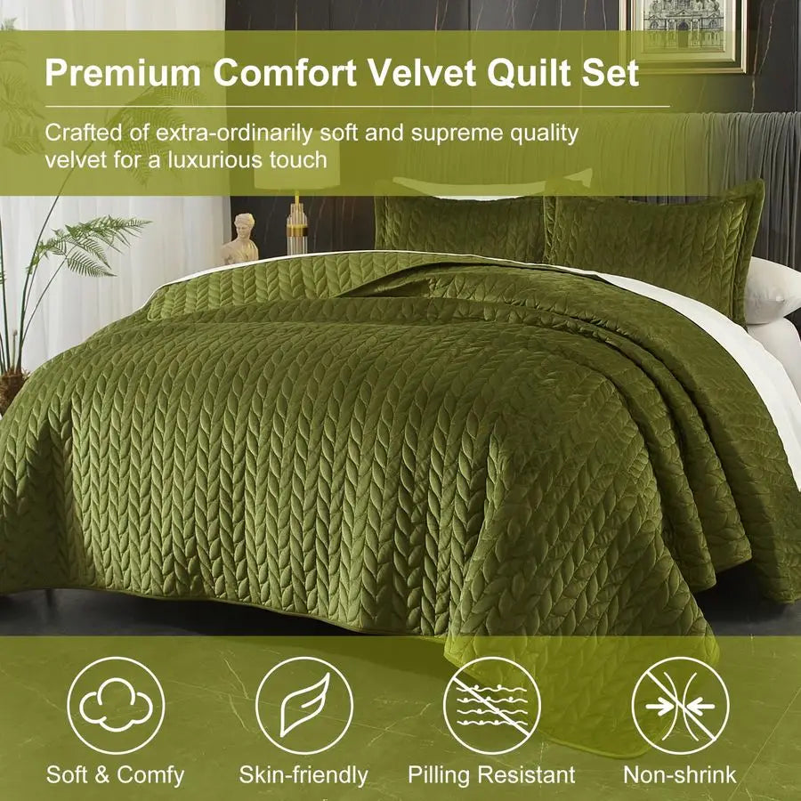 Velvet Quilt Set Lightweight Comforter Bedspread Three Piece Luxury
