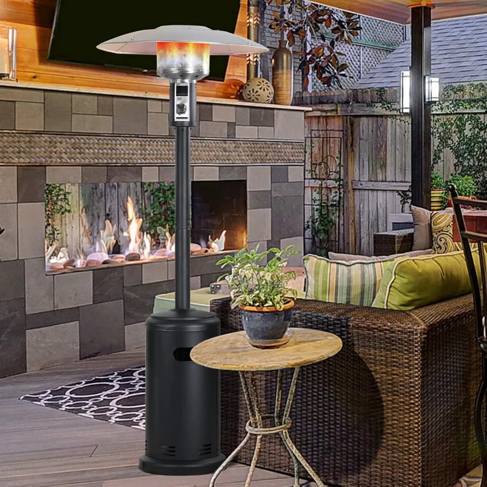 Patio Heater Outdoor Gas Powered Tower Style With Wheels For Mobility And Outdoor Use
