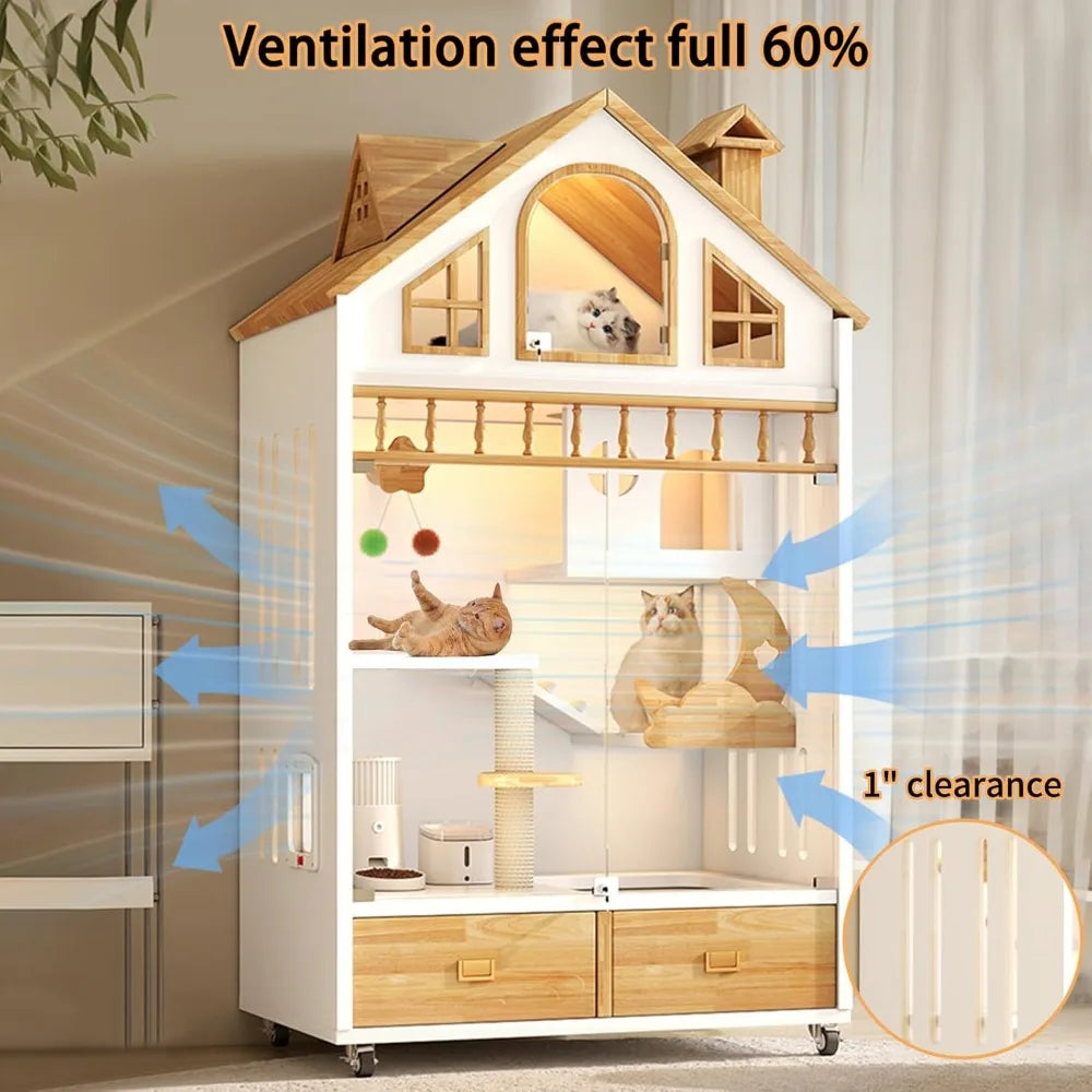Wooden Enclosed Cat Condo On Wheels With Litter Box
