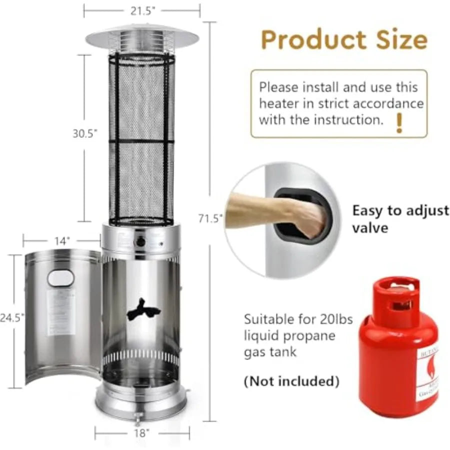 Outdoor Round Patio Heater 40000 BTU Stainless Steel Propane Heater with Adjustable Heat Wheels True Flame for Garden Balcony B