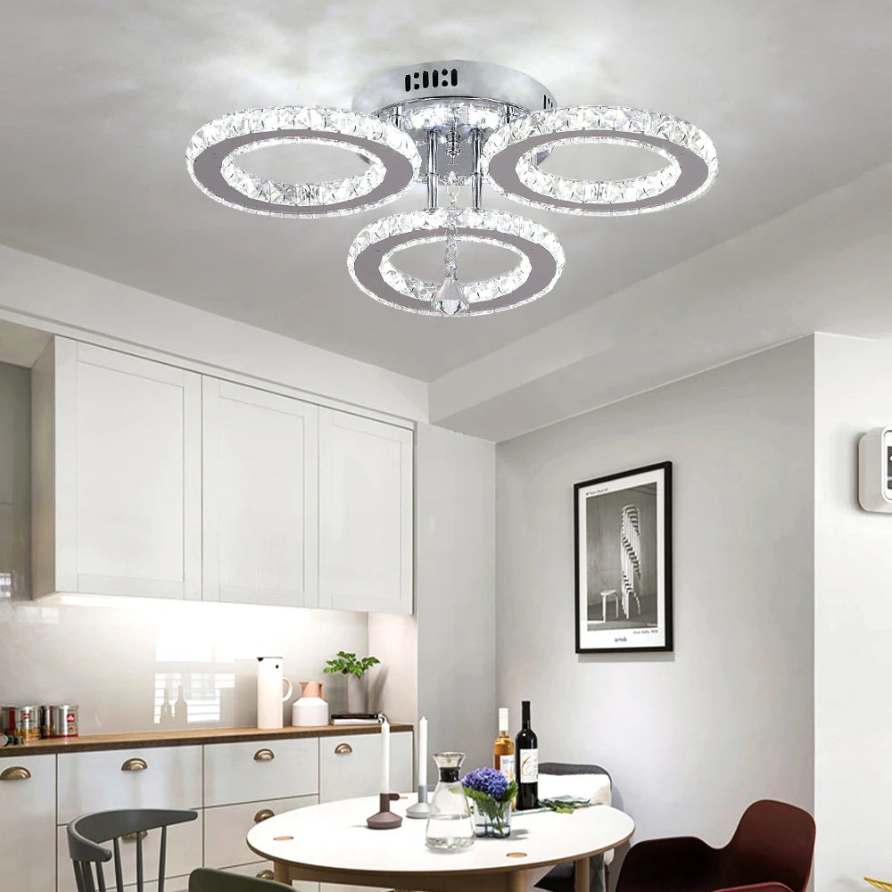 GreeLustr Crystal Chandelier Ceiling Lamp 3 Rings Chrome Pendant Light Modern Flush Mount for Bedroom