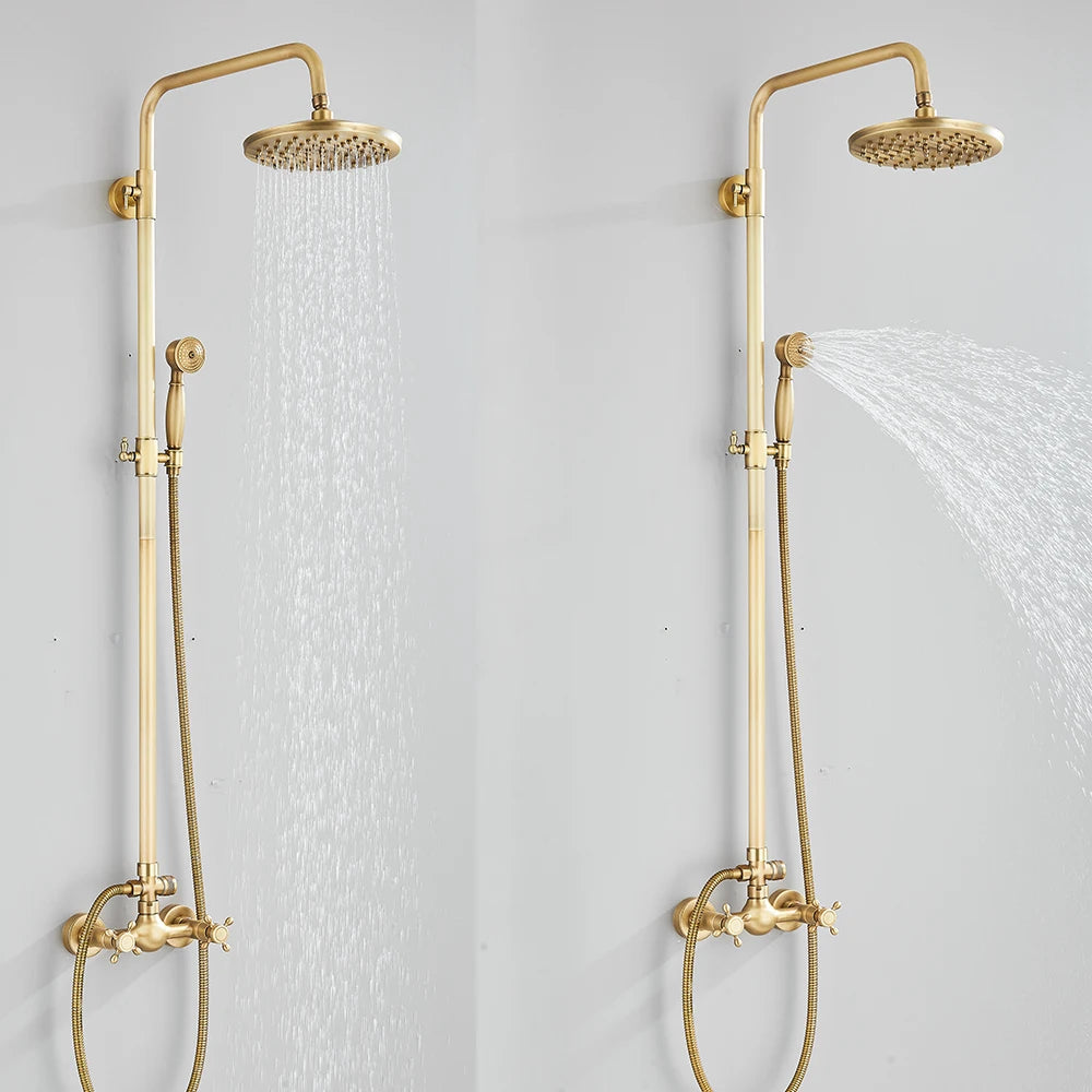 Quyanre Antique Brass Shower Faucets Set Wall Mount Dual Knobs