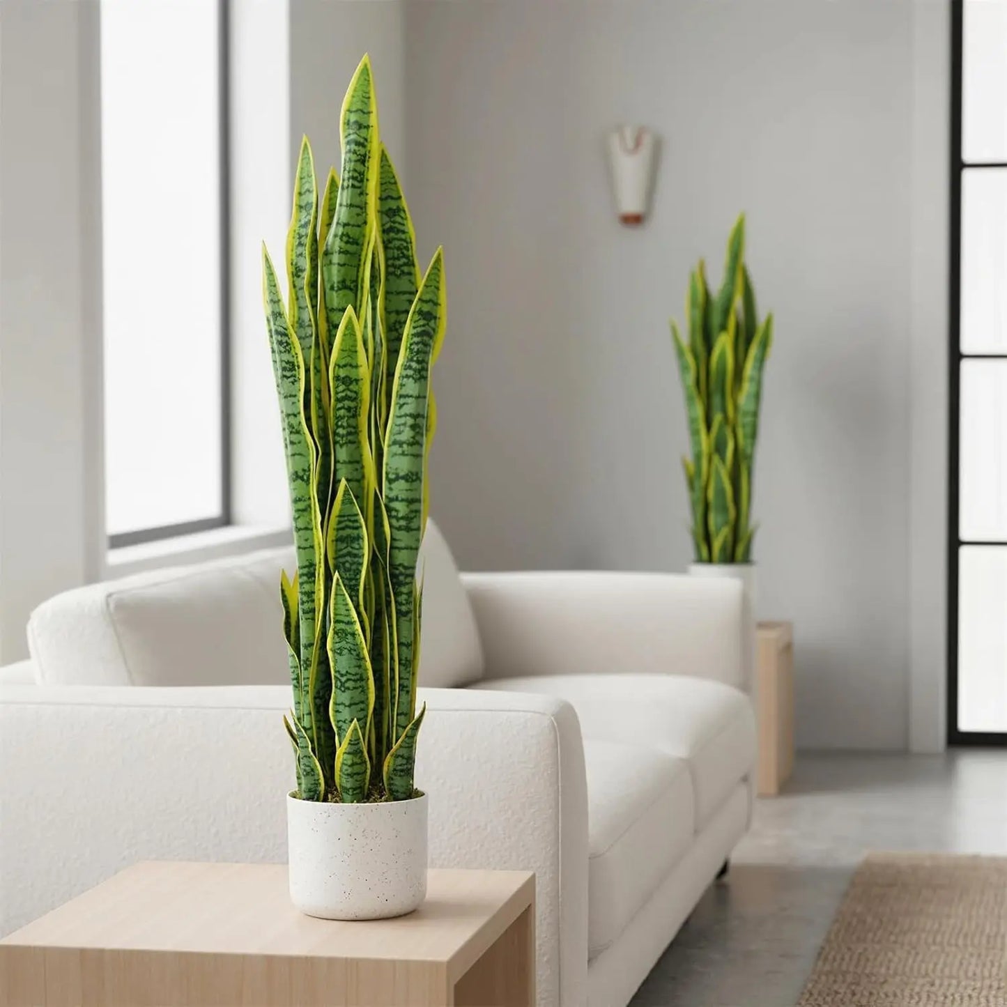 HiMISSCN Artificial Sansevieria Snake Plant In White Planter For Modern Home Office Decor No Maintenance