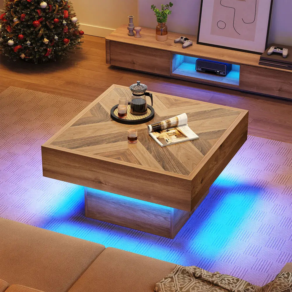 Square LED Coffee Table With Two Drawers, Modern Living Room Center Table With App Controlled LED Lighting