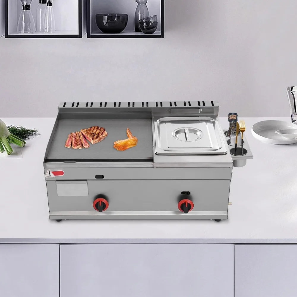 Dual Burner Countertop Cooking Station with Stainless Steel Fryer and Gas Griddle