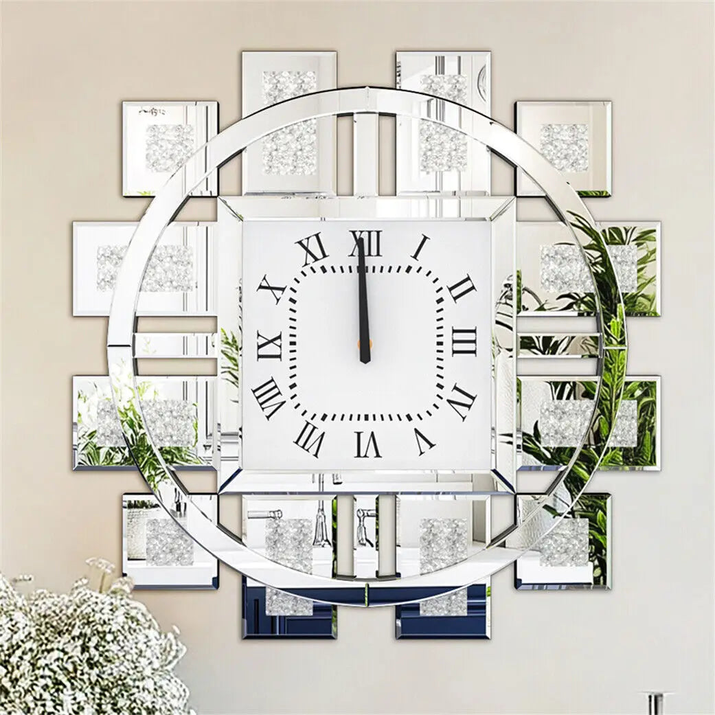 Round Wall Clock with Crushed Diamond Decor Beveled Mirror Edge