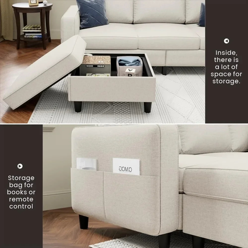 L-Shaped Sectional Sofa Pet-Friendly Linen Modular 3-Seater
