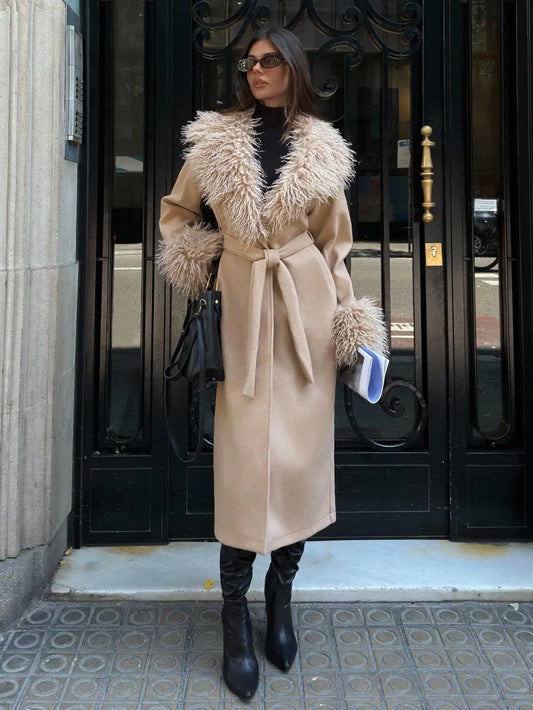 Women's Faux Fur Trim Wool Blend Coat, Bohemian Style Long Jacket for Fall Winter