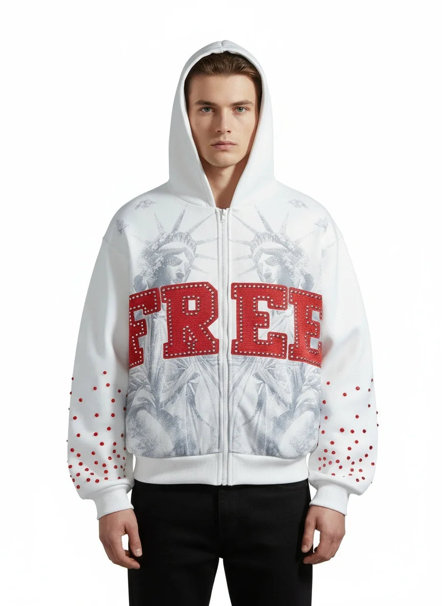 Fashionable rhinestone style loose hooded sweatshirt, American-style hooded embroidered casual hooded shirt