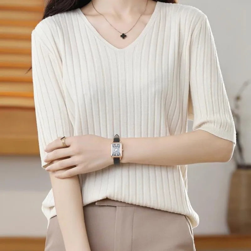 Women's Cashmere Knit V Neck Short Sleeve Pullover Sweater