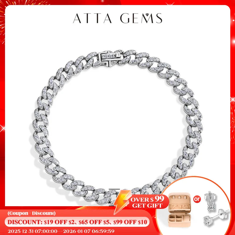ATTAGEMS Moissanite Cuban Chain Sterling Silver Bracelet