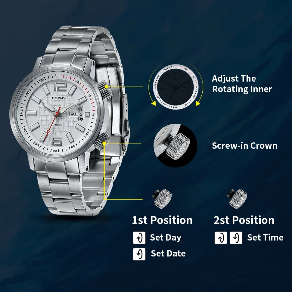 BERNY Automatic Diver Watch 20ATM For Men Miyota 8205 Sapphire