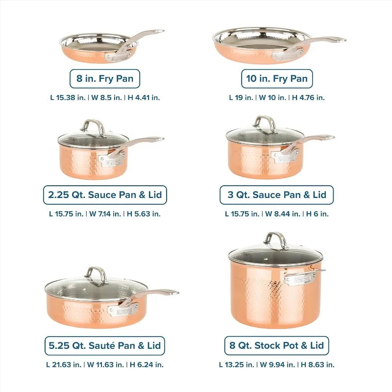3-Ply Pots and Pans Set, 10 Piece Copper Kitchen Cookware with Glass Lids, Hammered Copper
