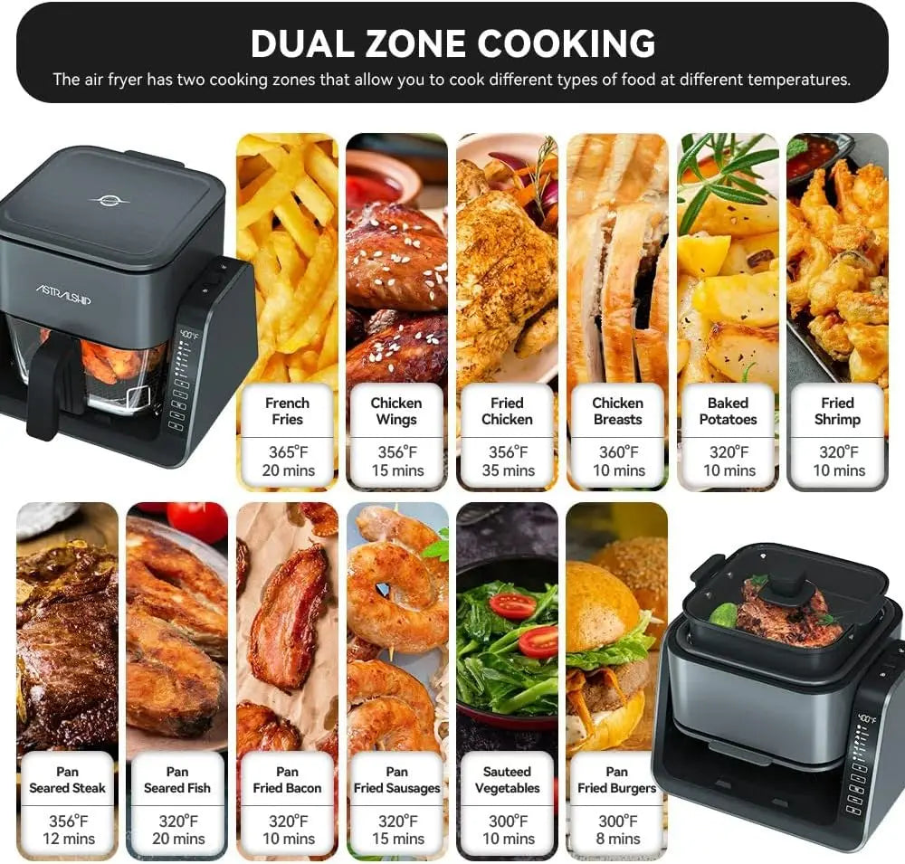 2-in-1 Glass Air Fryer & Grill, 4.2+1.3 QT, 7 Presets, Non-Toxic Glass Bowl, Healthy Low-Oil Cooking, Easy Clean